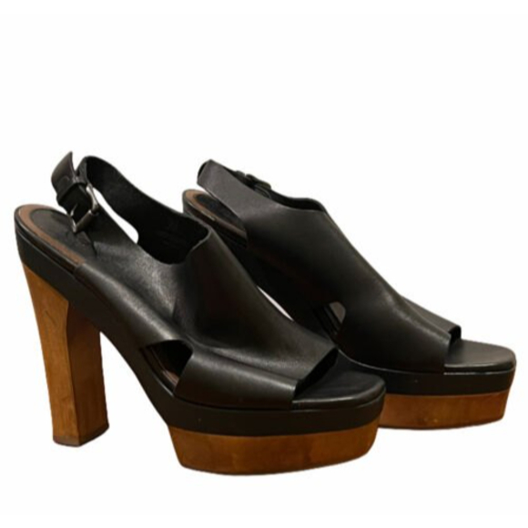 Marni for H&M Black Leather Strappy Plateau Platform Peep Toe Wooden Heels Sz 10 - Picture 2 of 12